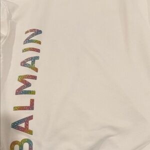Balmain White Tee with Glitter Multicolor Logo